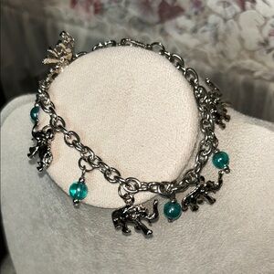 Silver Elephant Charm Bracelet with Teal Accents